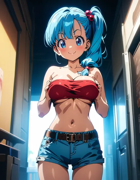 score_9, score_8_up, score_7_up, BREAK from front,straight-on,breast lift,standing,,mediumshot,1girl,bulma, blue eyes, blue hair,bare shoulders, belt, cleavage, hair bobbles, hair ornament, hair over shoulder,medium breast,midriff, navel, one side up, red ...