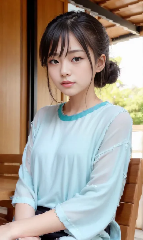 Japanese,Youthful, vibrant, elegant,upper body,Soft, natural lighting,Outdoor setting or studio with a natural backdrop,Bright and lively colors,focus on the hairstyle and facial features,Gentle and inviting expression,Contemporary fashion style,