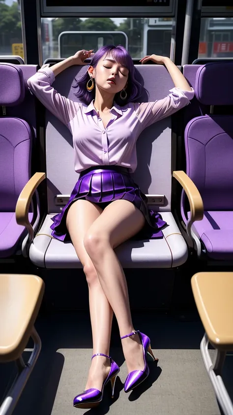 20th generation women,,Clear images、Real women　、Light purple hair, Side Tail 彼女 is fast asleep with his eyes closed and his mouth open., Slender figure ,Breasts are a little bigger than normal , Full body shot from head to toe, Shiny light purple high heel...