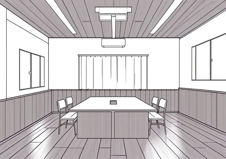 A square conference room with Equal length and width, 1960 style layout, a simple wooden table in the middle of the room, one door in the room, a simple lamp attached to the ceiling, the room has a simple baseboard, Simple floor and ceiling, one simple fra...