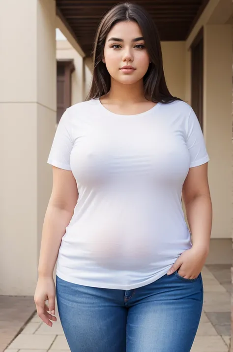 Standing Beautiful Fatty Girl With white tshirt , jeans and Very Attractive Face, realistic image 