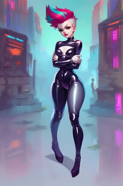 (score_9:1.1) human zipp, looking at viewer, cowboy shot, Human female, full body, standing, arms crossed, medium breasts, latex white skin tight full body suit, future city, black sunglasses, highly detailed