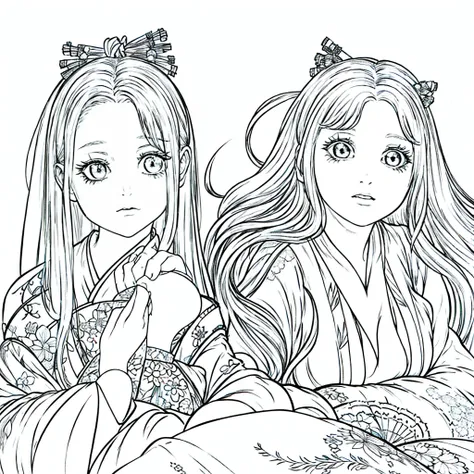 A girl with long black hair, pale skin, wears a worn white kimono, your skin is white and your face doesn&#39;t have many details.
[アニメ; Gothic; darkness background; black andwhite, drawing without many details(ou kawaii); sketch style]