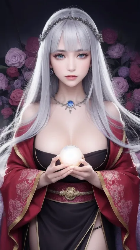 (masterpiece, top quality, 1 female, solo, exquisite details, chromatic aberration), (realistic), (skin), ((breathing)), (silver hair, blunt bangs, short cut straight long hair, short cut bangs, silver hair), beautiful hair, red headdress, blue highlights,...