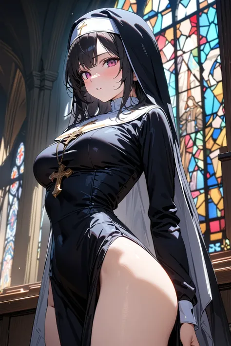 (masterpiece, best quality:1.5), (ultra detailed, high resolution, 8k, beautiful detailed, UHD, best anatomy), 1 cool girl, black hair, medium breasts, nuns habit, church, stained glass, Intense gaze, cross, Blurry background