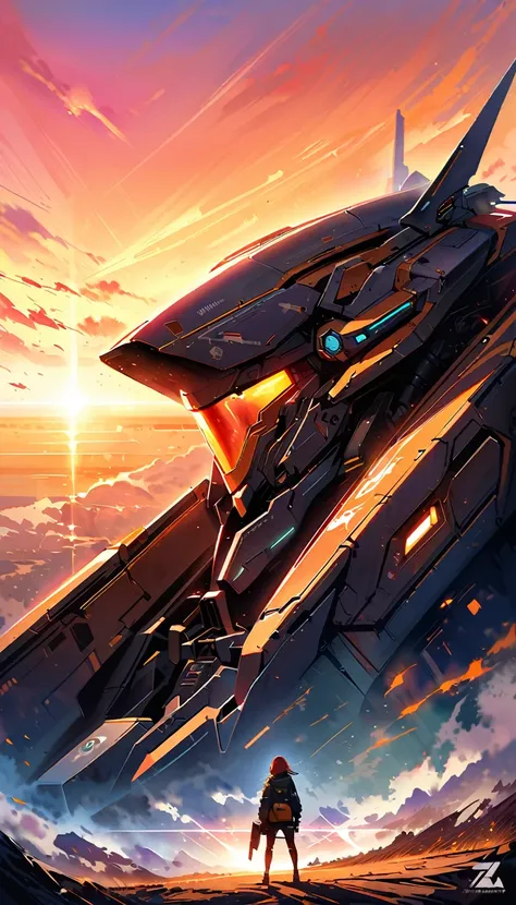 sci-fi, digital painting, ultra-realistic, sunrise time, large mech standing on a hill, woman who is the pilot of the mech sits in its cockpit, open flap of the mech so that you can see the woman at the controls of the mech, watching the sunrise