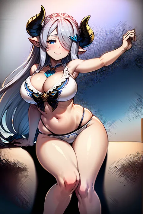 (((1 woman))), ((detailed blue eyes)), ((long silver hair)), large breasts, curvy hips, perfectly drawn body, seductive smile, narmaya, wearing white bikini, adorned with blue roses, best quality, masterpiece, ultra-detailed