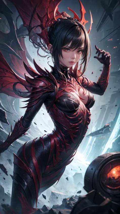 girl Carnage, symbiont attached, sexy, revealing, dynamic combat action, mid attack stance, highly detailed, vibrant appearance, spontaneous creative behavior, extremly detailed, imaginative, sensual, spontaneous, small breasts, sexy, revealing, highest qu...