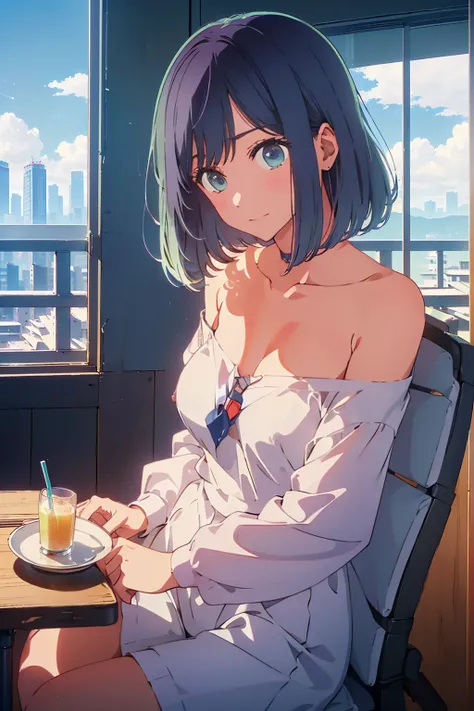 (Highest quality:1.4、8K:1.4、detailed)、F cup bust、Big Breasts、Slim body、Very white beautiful skin、((((1 person、smile、Surprised expression、sit、Chair、 the background are the urban buildings of Tokyo、looking at the camera、Indoor cafe terrace、Navy hair color、St...