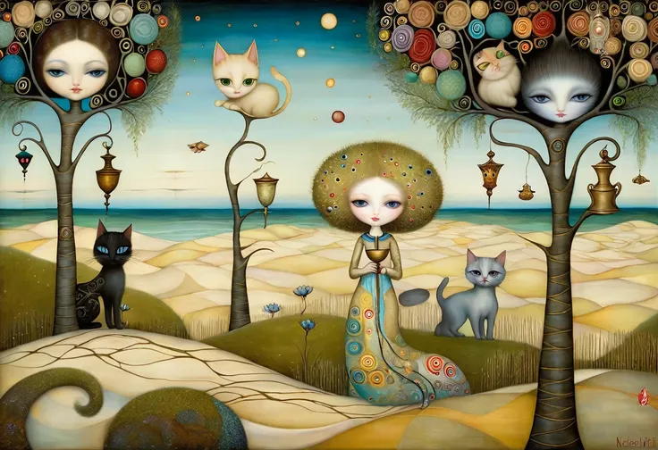 Patchwork by Klimt, Nicoletta Ceccoli, Naoto Hattori, Lawrence Didier, Leonora Carrington.
In a seascape with sand dunes and clumps of grass, cats of different colors are lying on the branches of trees with goblet-shaped flowers.