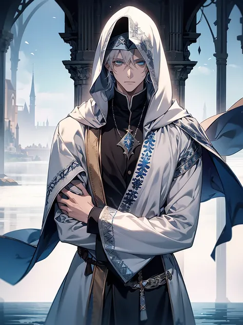 male, short white medium length hair, blue sea eyes, adult face, adult, white hood and shroud, black medieval outfit, swordman, handsome, gentle medieval, lake ruinscape background, detailed eyes, looking at viewer