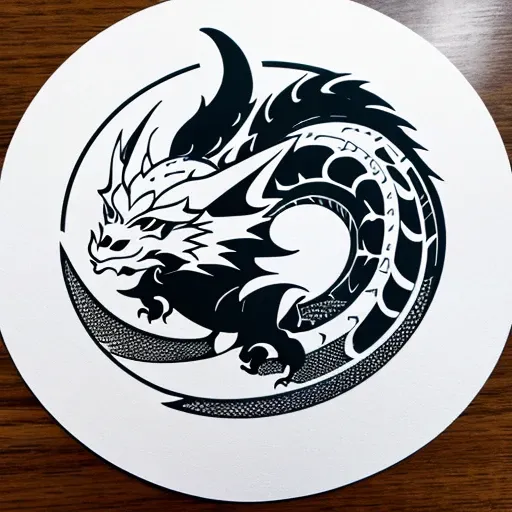 Flat papercut style，Contour，((中国のDragon))，Dragon，Black and white color，Clean Cut，paper，sharp，Maximalism，Color Blocking，((Round shape))　