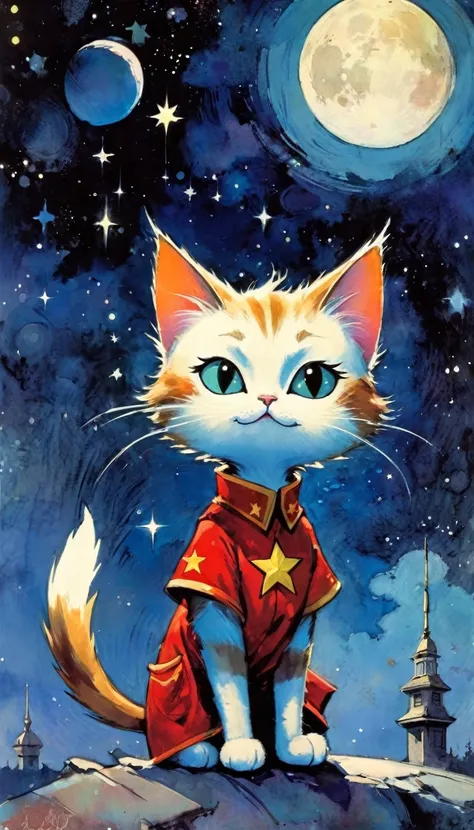 1communist cat, red star, magic, fantastic, night sky, moon, stars, background, (art inspired in Skottie Young and Bill Sienkiewicz). oil painting)
