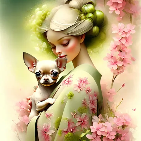 A beautiful woman in a kimono decorated with moss pink flowers stands like a beautiful model。、holding a little chihuahua in your arms,,all-body,Butterfly Dance,Moss Phlox flowers with a valley in the background, background number 28,beautiful digital illus...