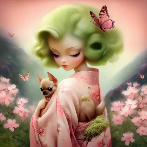 A beautiful woman in a kimono decorated with moss pink flowers stands like a beautiful model。、holding a little chihuahua in your arms,,all-body,Butterfly Dance,Moss Phlox flowers with a valley in the background, background number 28,beautiful digital illus...