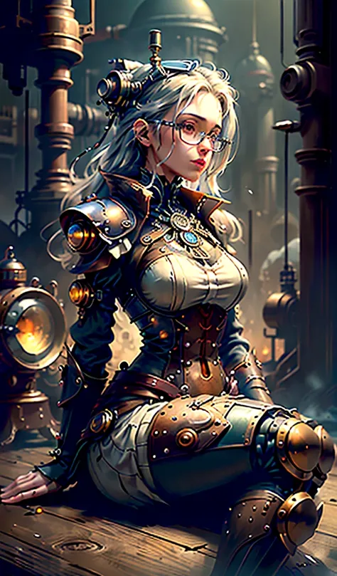 ((​masterpiece)), (best quality), (filmic),(Extreme detail CG Unity 8K wallpaper), 1 girl, fit,Delicious company, small breasts,(no protective goggles on the face)(very long silver hair),a stunning silver-haired steampunk woman sitting on the floor, who lo...