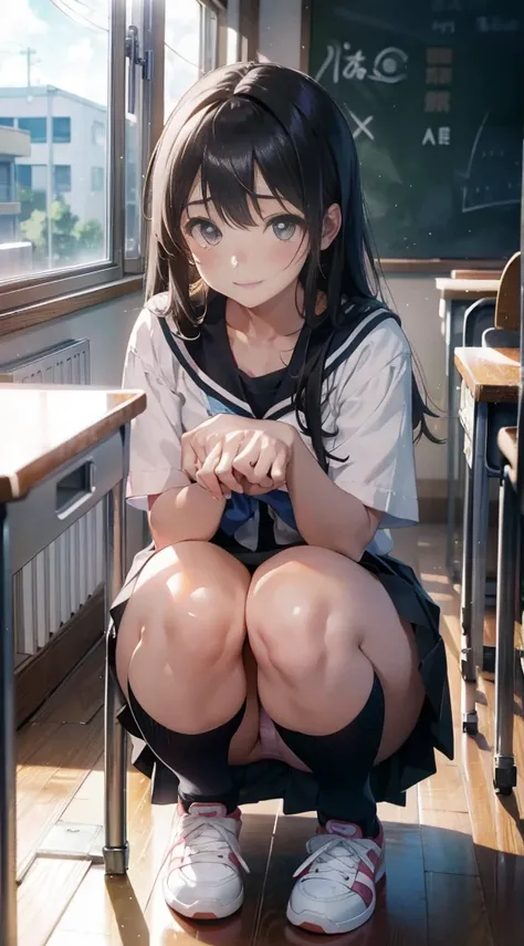 Anime girl sitting at a classroom desk with a blackboard, beautifulアニメのhigh school girl, cute anime girl, white pantiesー,cute, seductive anime girl, anime moe art style, squatbeautifulanimegirl, anime best girls, Smooth anime CG art, attractive anime girl,...