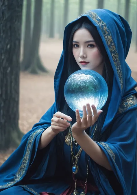 Female fortune teller. facing the front. He has a crystal ball in both hands. He is wearing a blue cloak. Gives off a fantastic atmosphere