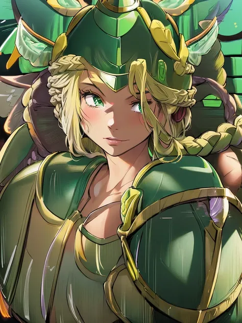 masterpiece, ultra-detailed, best quality,1girl, 18yo, beautiful girl,BREAK,(Green armor:1.8),BREAK,(french braid:1.8),BREAK,(Helmet with wings:1.8),