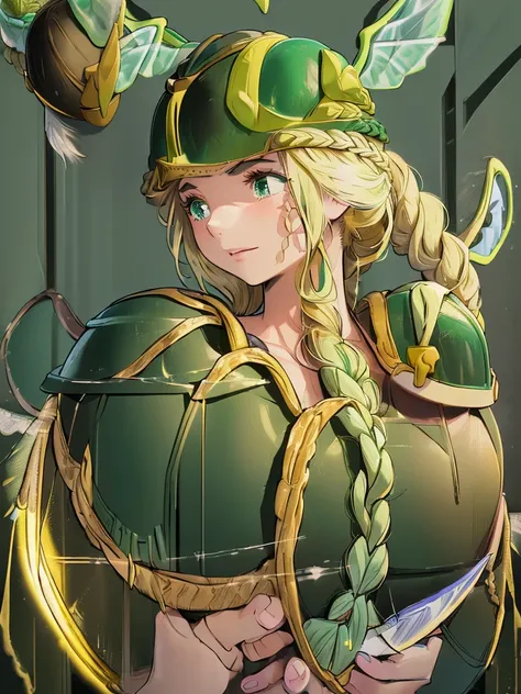 masterpiece, ultra-detailed, best quality,1girl, 18yo, beautiful girl,BREAK,(Green armor:1.8),BREAK,(french braid:1.8),BREAK,(Helmet with wings:1.8),