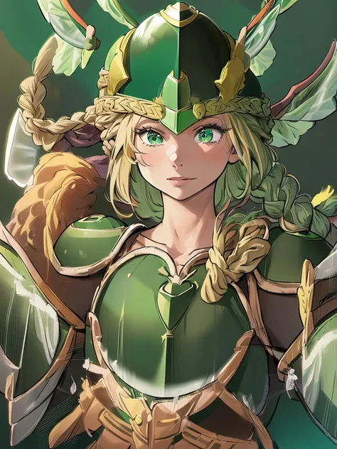 masterpiece, ultra-detailed, best quality,1girl, 18yo, beautiful girl,BREAK,(Green armor:1.8),BREAK,(french braid:1.8),BREAK,(Helmet with wings:1.8),