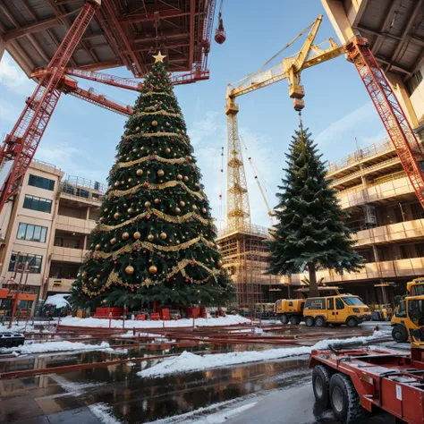 construction environment, couple of huge cranes building a huge Christmas tree, wide angle shot