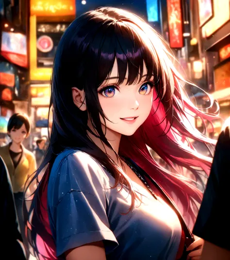 Shinjuku, Cute casual clothes,On a date,Blur the background,high school girl,smile,Glitter effect,Highest quality, 4K, 8K, High resolution, masterpiece:1.2, Very detailed, Realistic:1.37, High resolution, 超High resolution, Ultra-fine painting, Very detaile...