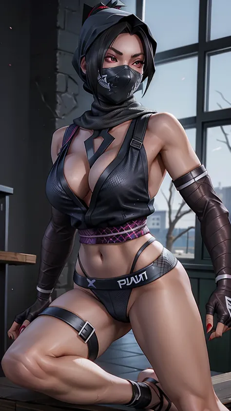 Female ninja in fishnet with bare feet and black toe nails exposed with boob cleavage showing 