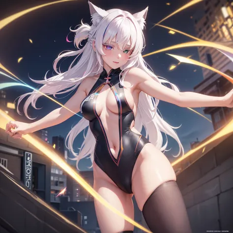 {{masterpiece}}, best quality, extremely detailed CG unity 8k wallpaper, cinematic lighting, lens flare, beautiful detail eyes, black,  side glance,  multicolor short white hair, colorful light, particles, heterochromia, (colorful:1.5), (colorful hair:1.5)...