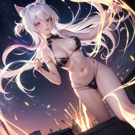 {{masterpiece}}, best quality, extremely detailed CG unity 8k wallpaper, cinematic lighting, lens flare, beautiful detail eyes, black,  side glance,  multicolor short white hair, colorful light, particles, heterochromia, (colorful:1.5), (colorful hair:1.5)...