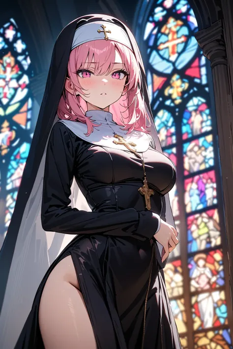 (masterpiece, best quality:1.5), (ultra detailed, high resolution, 8k, beautiful detailed, UHD, best anatomy), 1 cool girl, pink hair, medium breasts, nuns habit, church, stained glass, Intense gaze, cross, Blurry background