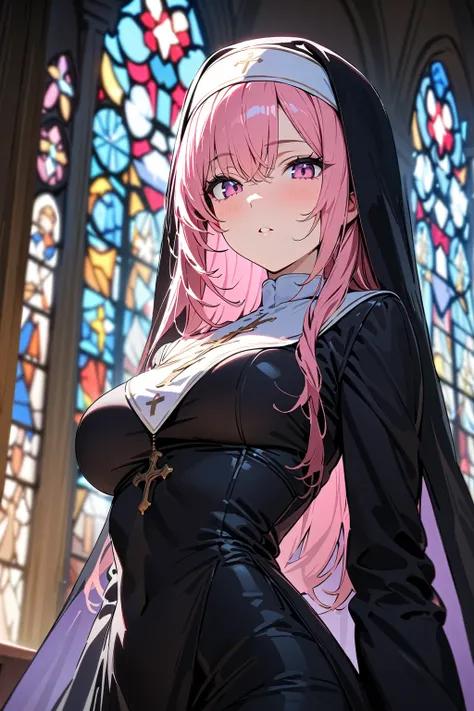 (masterpiece, best quality:1.5), (ultra detailed, high resolution, 8k, beautiful detailed, UHD, best anatomy), 1 cool girl, pink hair, medium breasts, nuns habit, church, stained glass, Intense gaze, cross, Blurry background