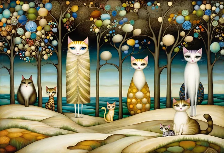 Patchwork by Klimt, Nicoletta Ceccoli, Naoto Hattori, Lawrence Didier, Leonora Carrington. In a seascape with sand dunes and clumps of grass, cats with long necks and tails of different colors are lying on the branches of trees.