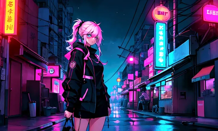 girl, neon, midnight, city,９０Era