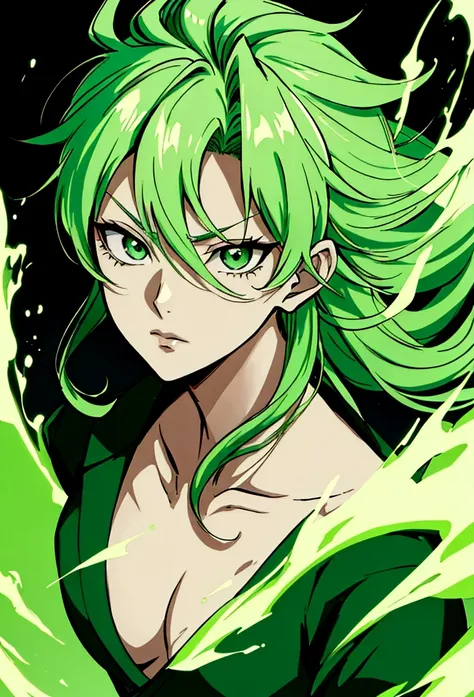 a close up of a person with green hair and a green head, an anime drawing inspired by Eiichiro Oda, tumblr, sōsaku made, Roronoa zoro, human and dragon fusion, green mane, green fire, green aura, Badass anime 8 K, anime wallaper, green head, phone wallpape...