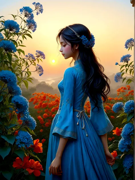 (Dawn sunrise time:1.6)，In the fragrant garden, The blind girl stood there，Open your arms, Gently touch the petals she encounters, Connect with nature and sweet blue flowers, The individual stands tall in awe and wonder under the expansive sky, their silho...