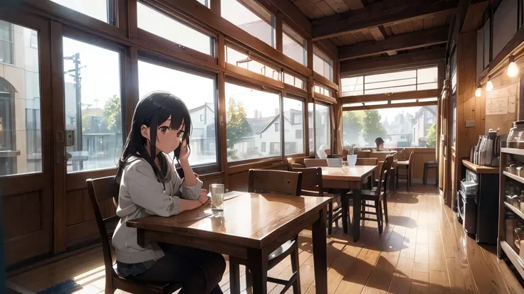 ((Highest quality)), ((masterpiece)), (detailed), At the window in the cafe。 Outside, the rain falls quietly in the evening sky. At the window in the cafe。 Warm lighting and calming colors。 The street lights are reflected beautifully in the window.。 A woma...