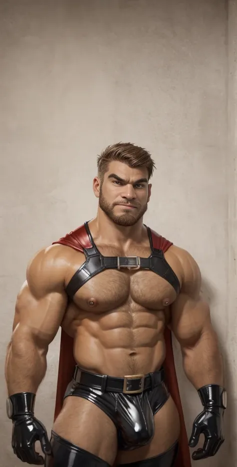 Scooby dom, 20 years old, short hair, men, hairy, hairyalpha, BeardAlpha, wearing a superhero clothes, wearing a superhero cape, furry, tight uniform, latex, gloves, elbow pads, shoulder pads, wearing a pectoral harness, oversized pectorals, heavy pectoral...