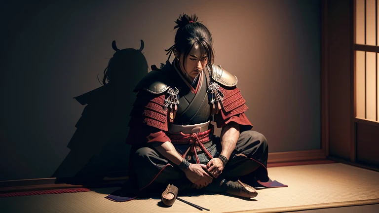 create an image of a samurai sitting alone in a dark room, looking at the wall