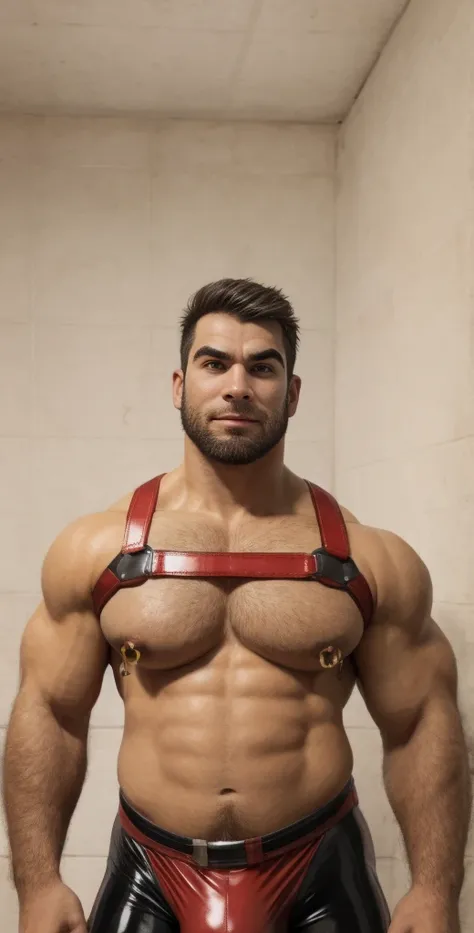 Scooby dom, 20 years old, short hair, men, hairy, hairyalpha, BeardAlpha, wearing a superhero clothes, wearing a superhero cape, furry, tight uniform, latex, gloves, elbow pads, shoulder pads, wearing a pectoral harness, oversized pectorals, heavy pectoral...