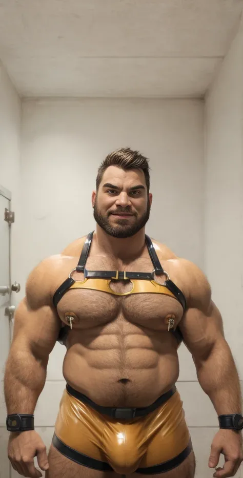 Scooby dom, 20 years old, short hair, men, hairy, hairyalpha, BeardAlpha, wearing a superhero clothes, wearing a superhero cape, furry, tight uniform, latex, gloves, elbow pads, shoulder pads, wearing a pectoral harness, oversized pectorals, heavy pectoral...