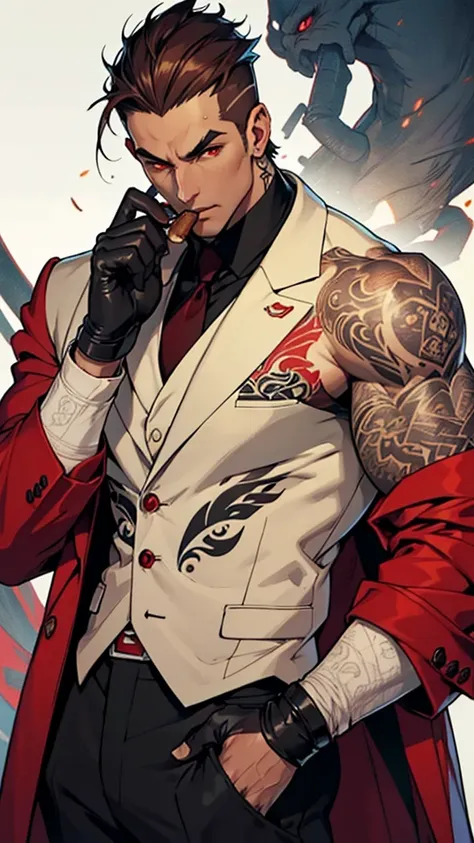 Mafia, male, 45 years old, exuding a dangerous aura, white skin, well-proportioned figure, handsome face, ivory skin, strong physique, red eyes, brown hair, prominent eyebrows, intricate and detailed retro gun tattoos on both arms, black jacket, pants and ...