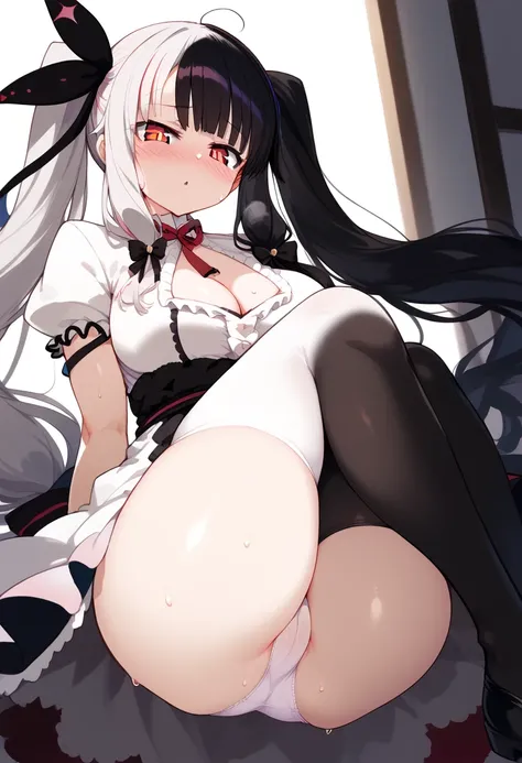 score_9, score_8_up, score_7_up, BREAK source_anime, rating_explicit, best quality, masterpiece, uncensored,1girl,rena, twintails, very long hair,shiny skin,((sweat)),blush,(steam),big breasts,(m legs),white gloves, puffy short sleeves, cleavage cutout, tw...