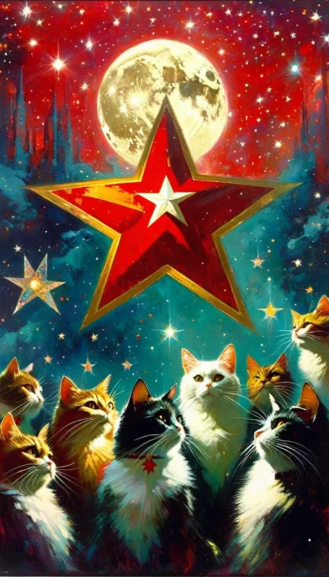 the communist cat conclave, red star, magic, fantastic, night sky, moon, stars, background, (art inspired in Bill Sienkiewicz). oil painting)
