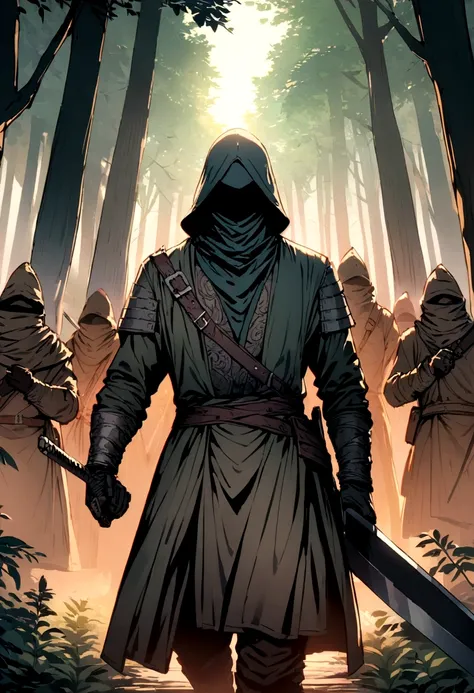 A bandit holding a sword with his army behind him, set in a forest. Approaching perfection, Long take shot, Ultra detailed, smooth, HD resolution. 