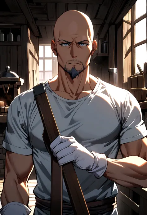 40 year old male, bald head, grey goatee, dark blue eyes, grey tank top, white t-shirt, white gloves, blacksmith