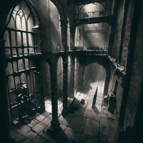 a cartoon scene, an old prison, 3 hanging cages, knives on the ground, detailed, 8k, cinematic lighting, dark moody atmosphere, horror, gritty, gothic architecture, high contrast, dramatic shadows, muted colors, 2D picture