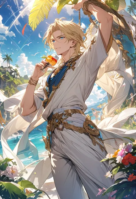 male, super detail, god, blond hair, paradise, blue eyes, handsome, solo