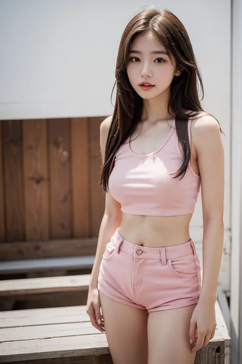 A very cute girl, solo, young, wearing pink tank top and short pants, big breasts, white and smooth skin, standing, full body, long hairs, red lip, at farm, realistic face