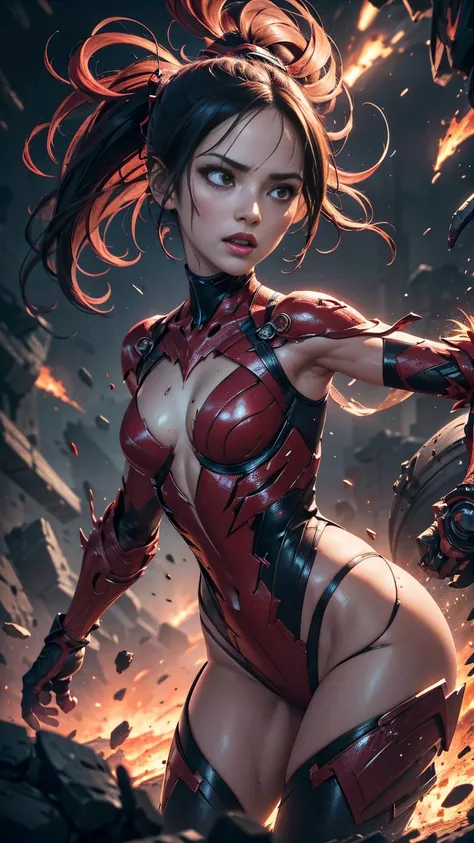 girl Carnage, symbiont attached, sexy, revealing, dynamic combat action, mid attack stance, highly detailed, vibrant appearance, spontaneous creative behavior, extremly detailed, imaginative, sensual, spontaneous, small breasts, sexy, revealing, highest qu...